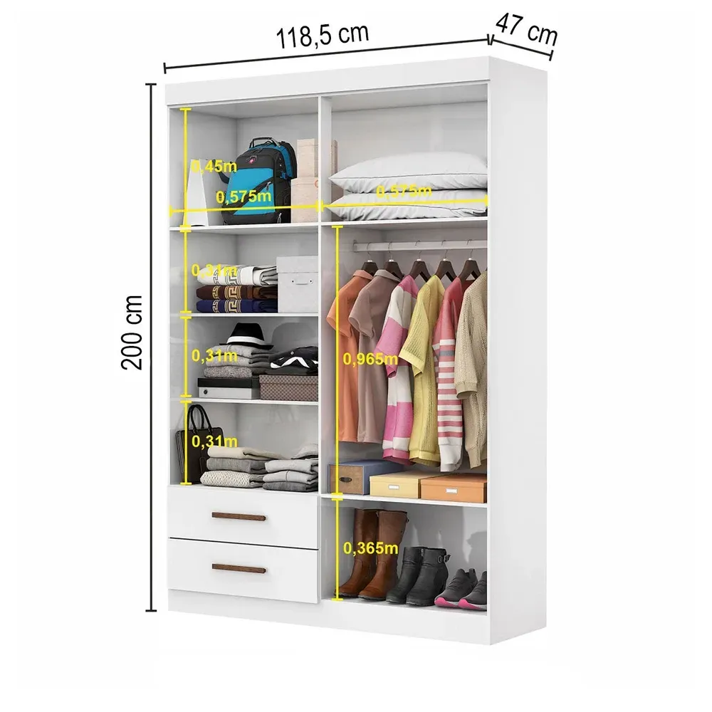 Guarda Roupa Solteiro Solo 4 Portas 2 Gavetas com Espelho Branco - Pnr Móveis - 3