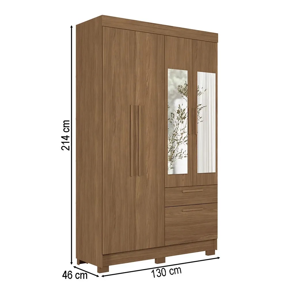 Guarda Roupa Solteiro Sonora 4 Portas 2 Gavetas Jatoba com Espelho - Pnr Móveis - 3