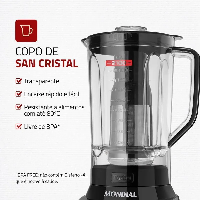 Liquidificador Turbo Mondial 1200W 12 Velocidades Preto/Inox 1200W - L-1200 BI - 3