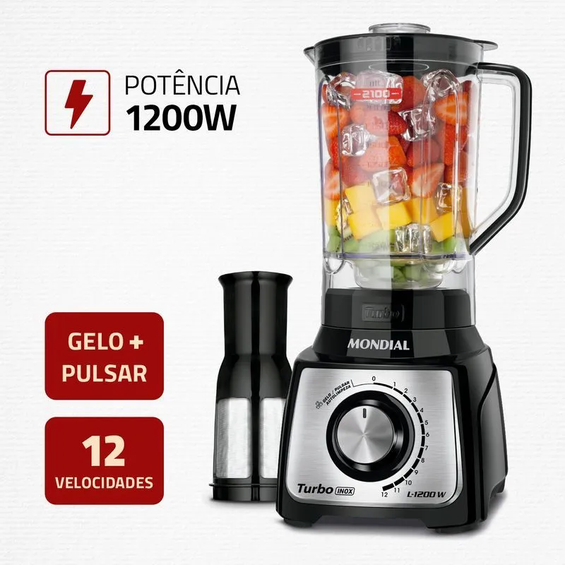 Liquidificador Turbo Mondial 1200W 12 Velocidades Preto/Inox 1200W - L-1200 BI - 2
