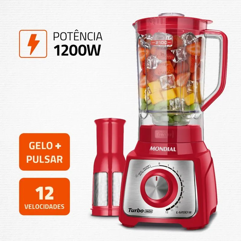 Liquidificador Turbo Mondial 1200W 12 Velocidades Vermelho/Inox - 2