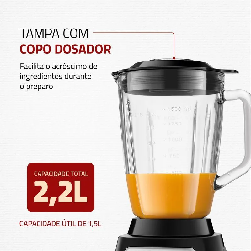 Liquidificador Turbo Glass Jarra de Vidro Mondial Preto/Inox 1400W - L-1400 GI - 3