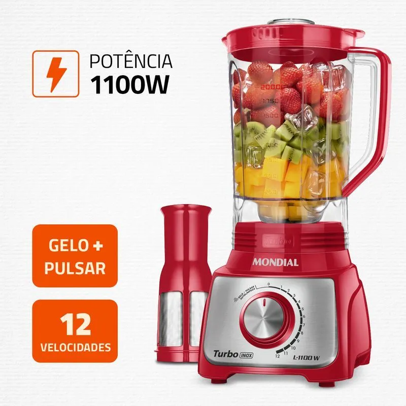 Liquidificador Turbo Mondial Vermelho/Inox 1100W - L-1100 RI - 2