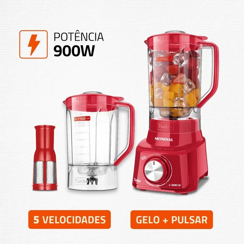 Liquidificador Turbo Mondial Vermelho 900W - L-900 FR 2C - 2