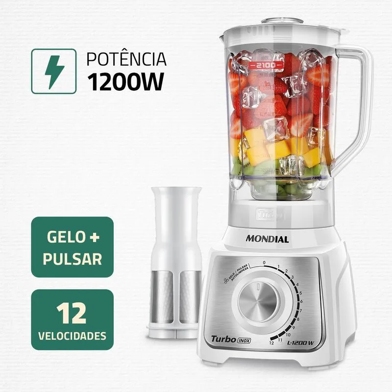 Liquidificador Turbo Mondial 1200W 12 Velocidades Branco/Inox L-1200 WI - 2
