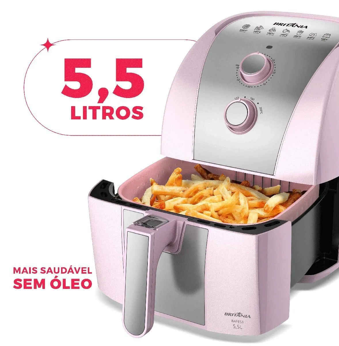Fritadeira Elétrica Air Fryer Rosa Britânia 5,5L Cesto Pinkstone 1500W BAFE53 - 2