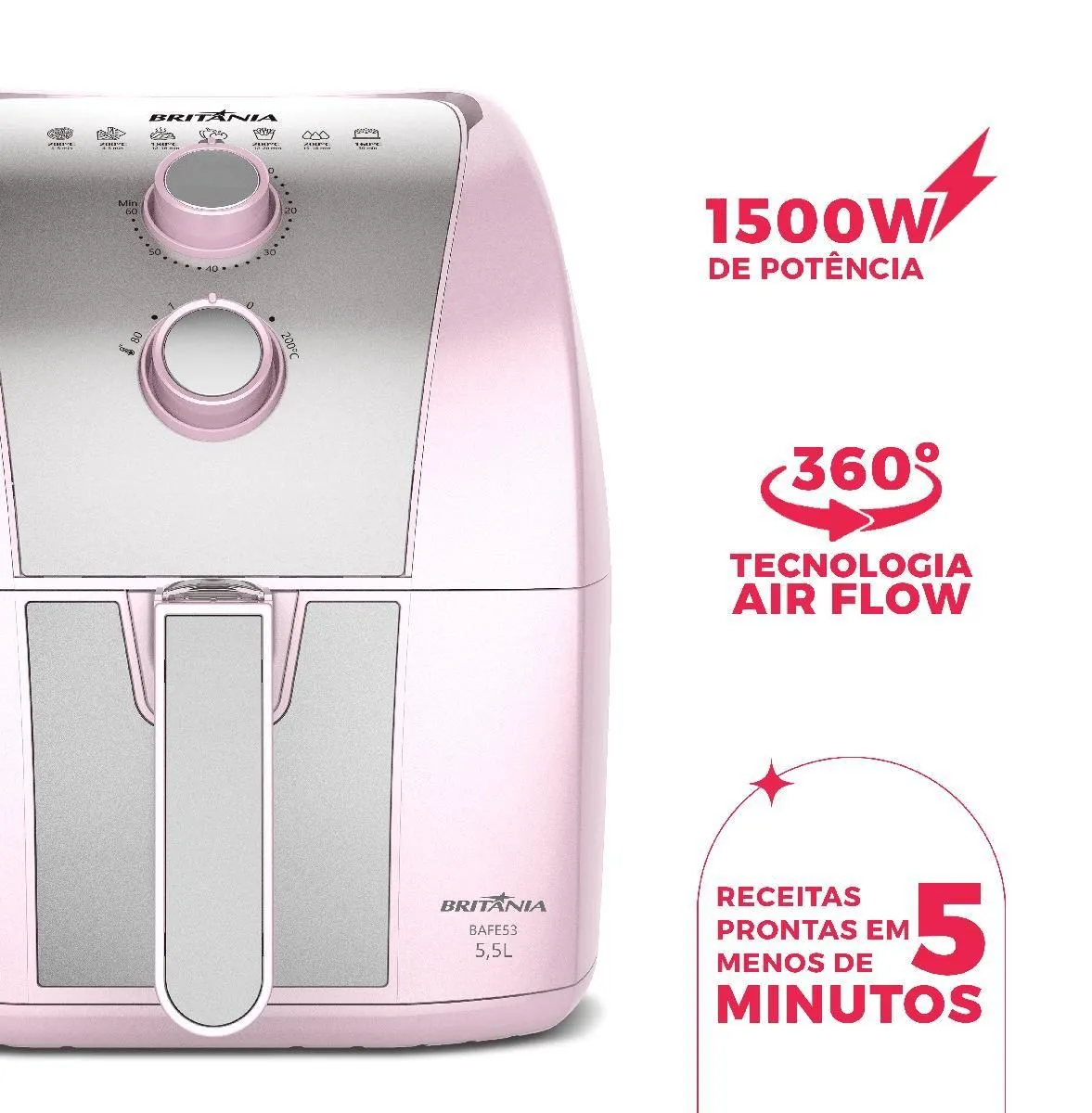 Fritadeira Elétrica Air Fryer Rosa Britânia 5,5L Cesto Pinkstone 1500W BAFE53 - 3