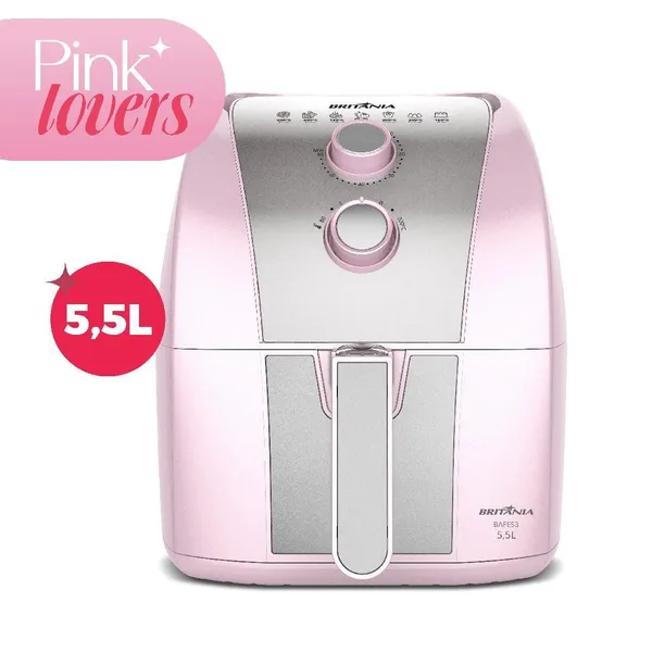 Fritadeira Elétrica Air Fryer Rosa Britânia 5,5L Cesto Pinkstone 1500W BAFE53