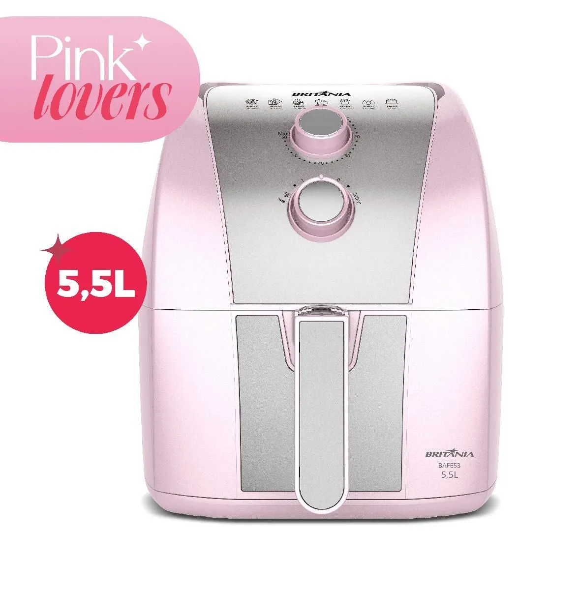 Fritadeira Elétrica Air Fryer Rosa Britânia 5,5L Cesto Pinkstone 1500W BAFE53 - 1