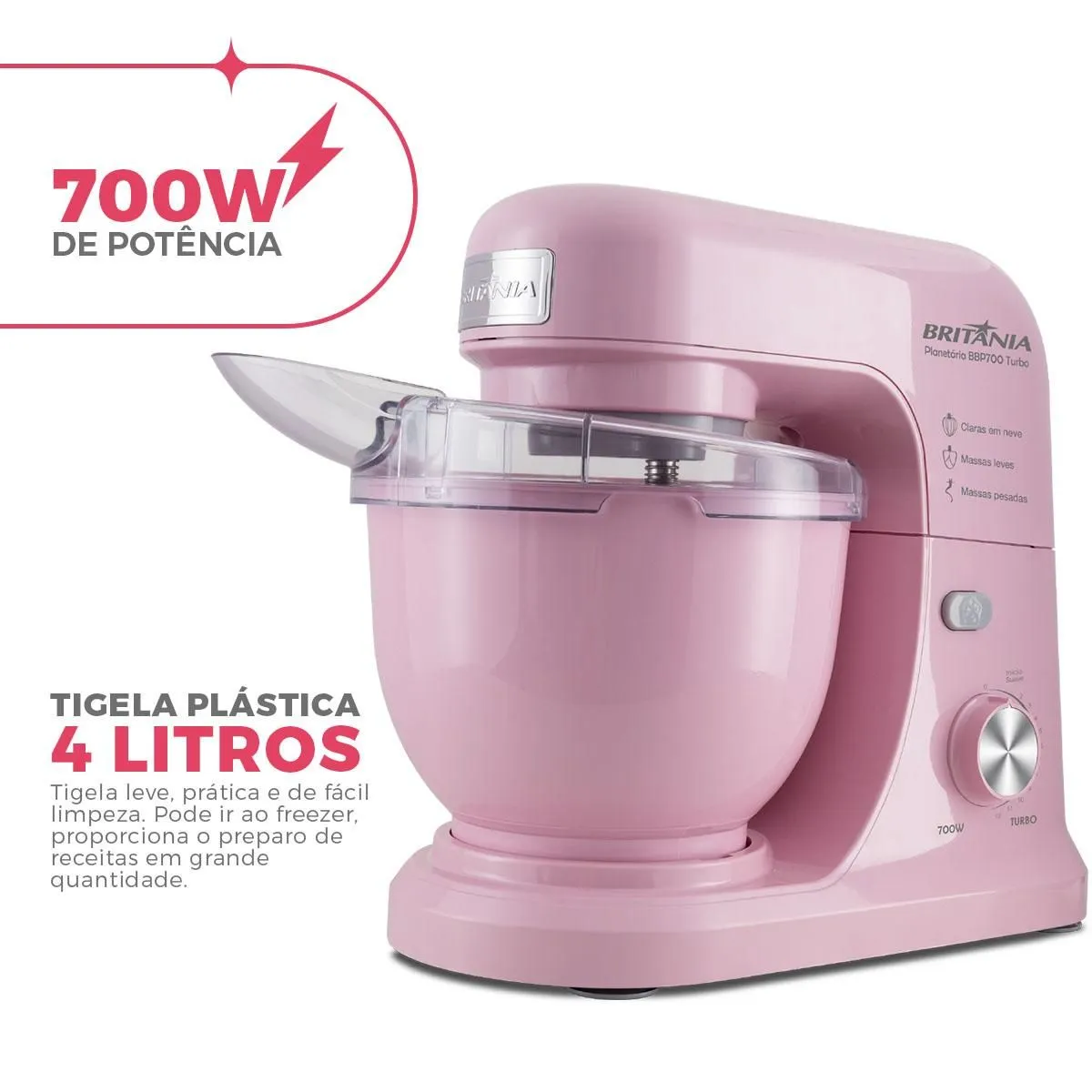 Batedeira Planetária Rosa Britânia 700W Turbo 4L BBP700RS - 2