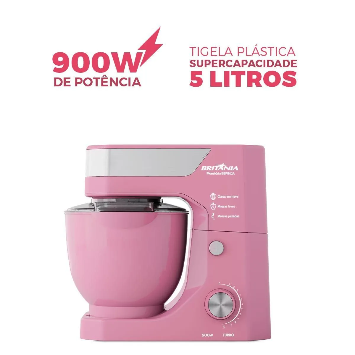 Batedeira Planetária Britânia Rosa 900W Tigela de 5L BBPE02A - 2