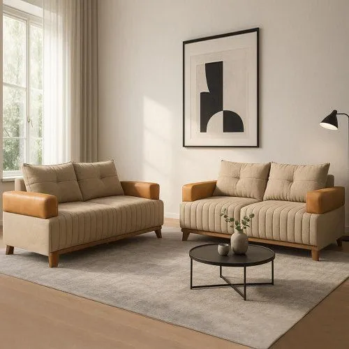 Conjunto de Sofá 3 e 2 Lugares Leona Bom Pastor Linho Bege/Caramelo 