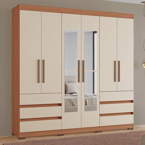 Guarda Roupa Casal Panamá 100% MDF 6 Portas 4 Gavetas Freijó/Off White - Tuboarte Móveis 