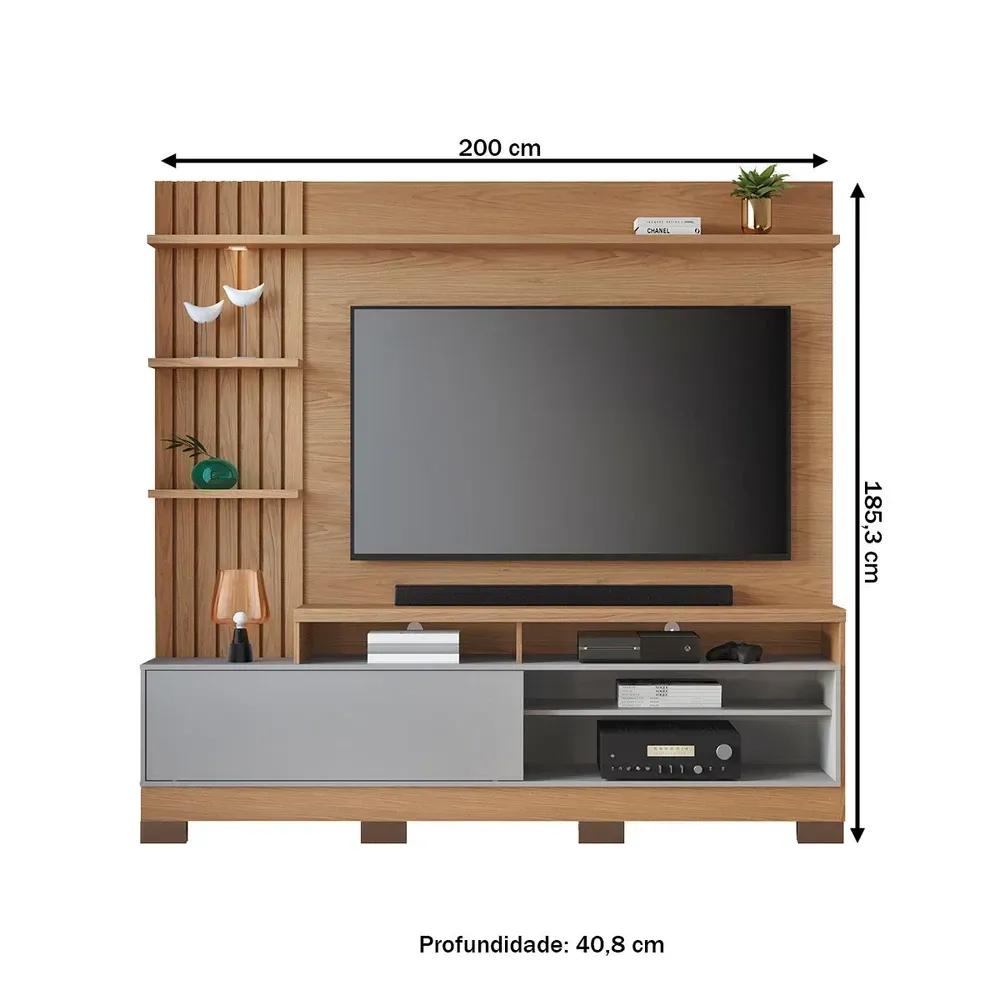 Estante para TV Até 65 Polegadas Maceió 1 Porta com LED Ripado Freijo/Cinza Fosco - Colibri - 3
