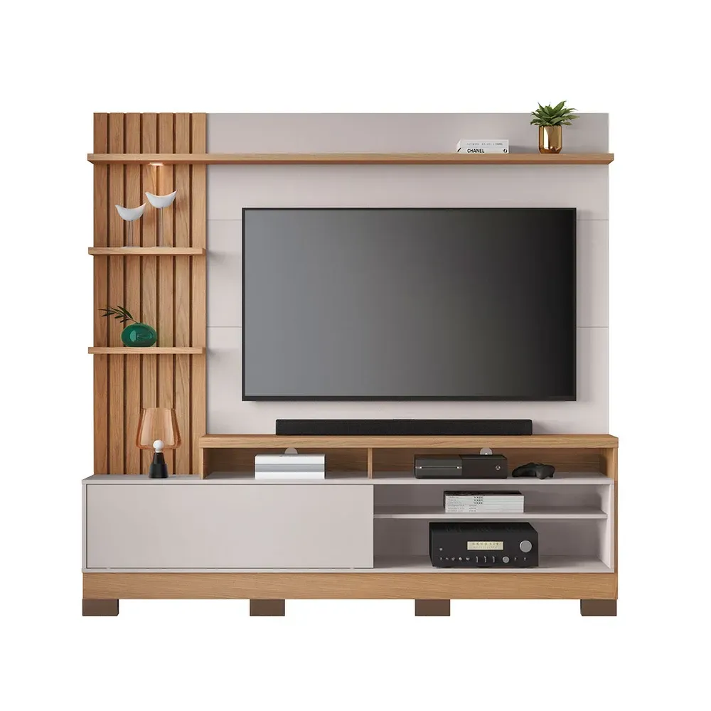 Estante para TV Até 65 Polegadas Maceió 1 Porta com LED Ripado Freijo/Off White - Colibri - 2