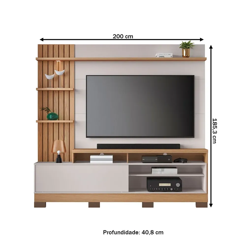 Estante para TV Até 65 Polegadas Maceió 1 Porta com LED Ripado Freijo/Off White - Colibri - 3
