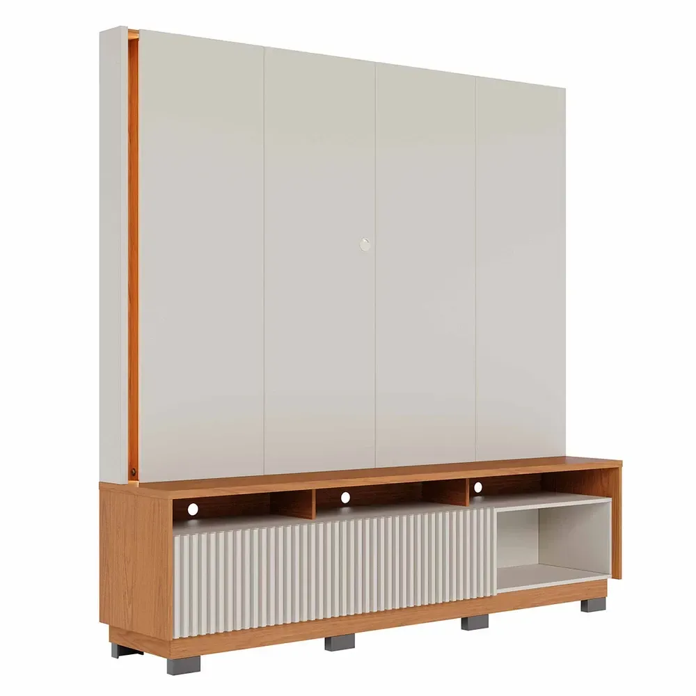 Estante para TV Até 75 Polegadas Jordao 2 Portas Ripado com LED Off White Matte/Freijó - Colibri - 2