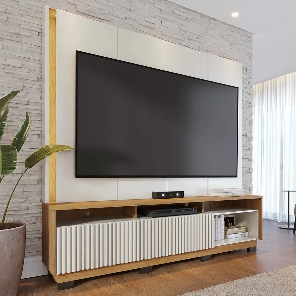 Estante para TV Até 75 Polegadas Jordao 2 Portas Ripado com LED Off White Matte/Freijó - Colibri - 1