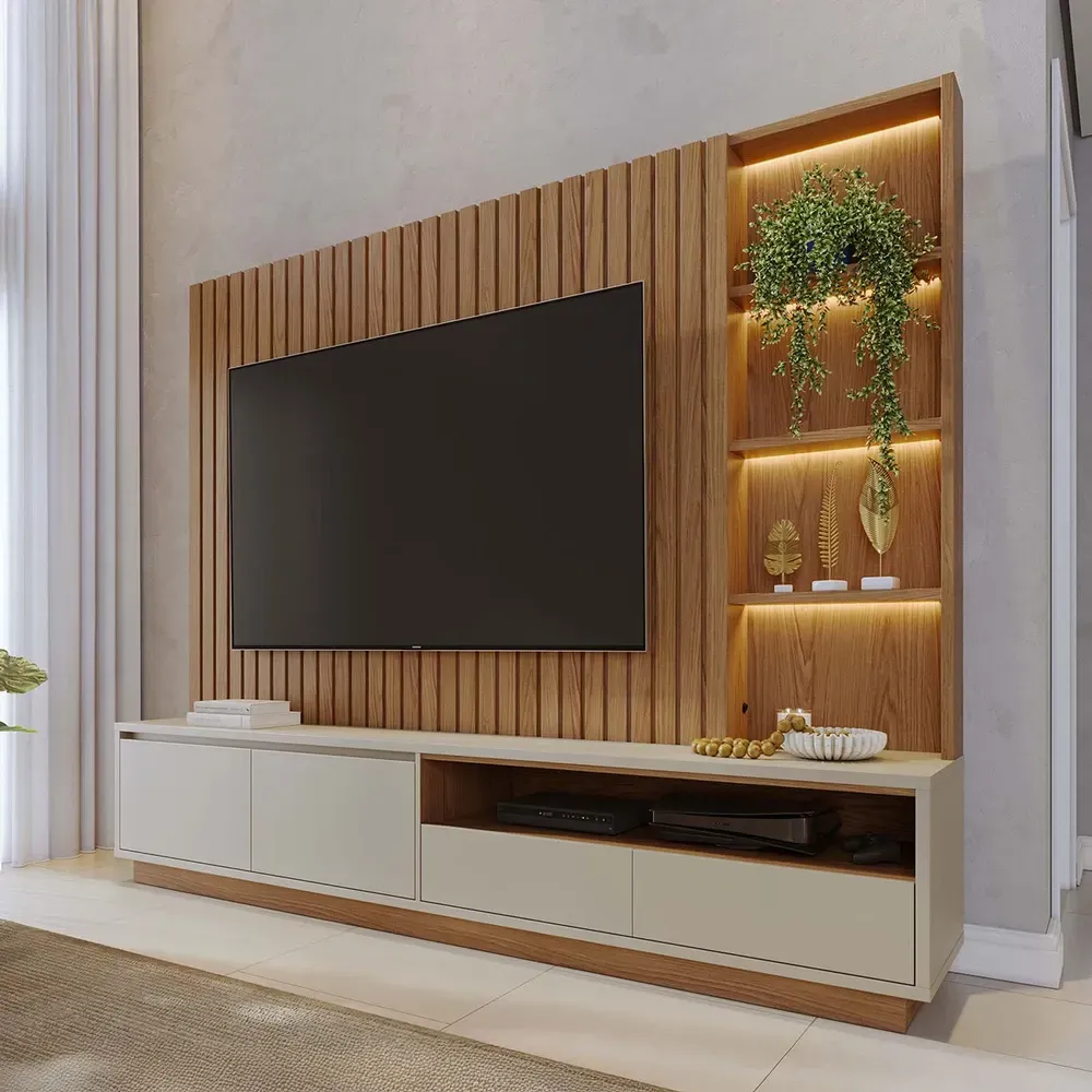 Estante para TV Até 82 Polegadas Cancun 4 Gavetas com LED Ripado Freijó/Off White Matte - Colibri - 1