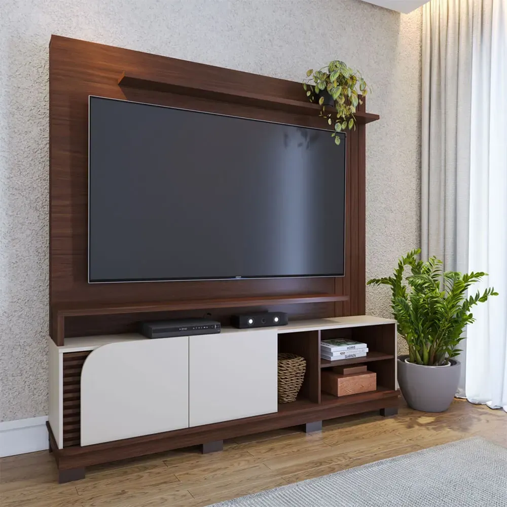 Estante para TV Até 75 Polegadas Jurerê 2 Portas Ripado Nogueira Real/Off White Matte - Colibri - 1