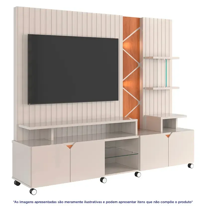 Estante Home para TV até 55" com LED Cross Lukaliam Rodízios Cromados - Off White Perolizado/ Jequitibá - 3