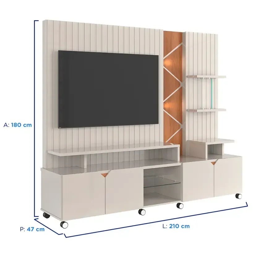 Estante Home para TV até 55" com LED Cross Lukaliam Rodízios Cromados - Off White Perolizado/ Jequitibá - 2