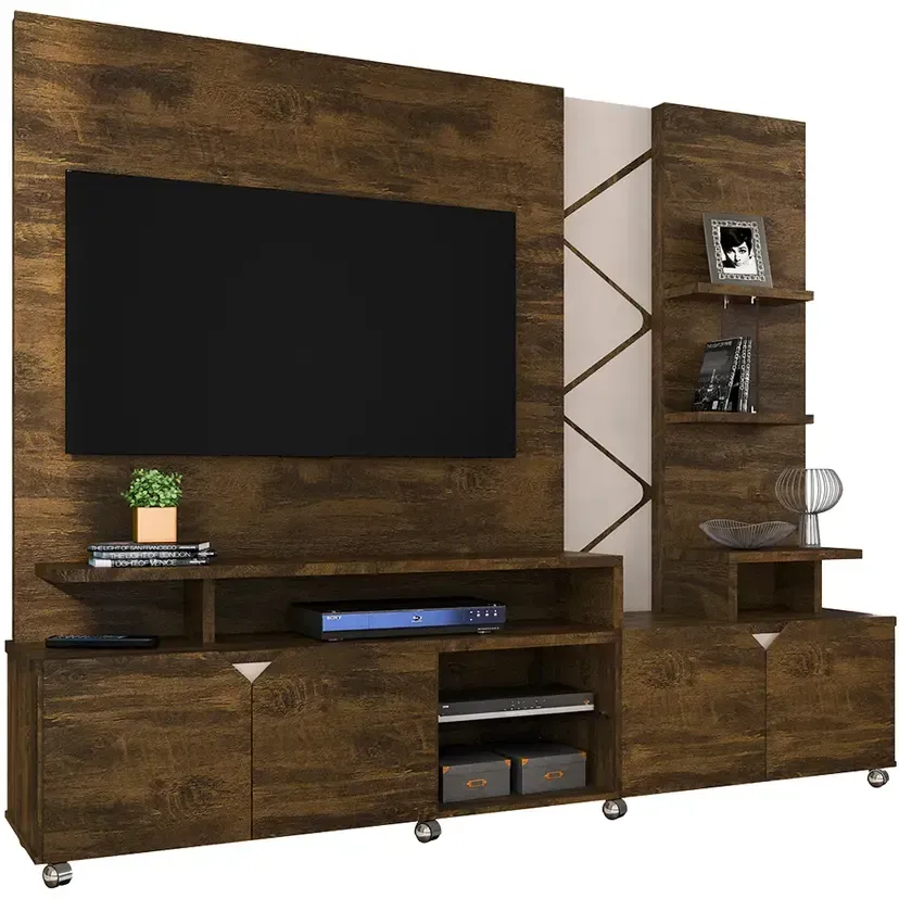 Estante Home para TV até 55" com LED Cross Lukaliam Rodízios Cromados - Canela/Off White - 3