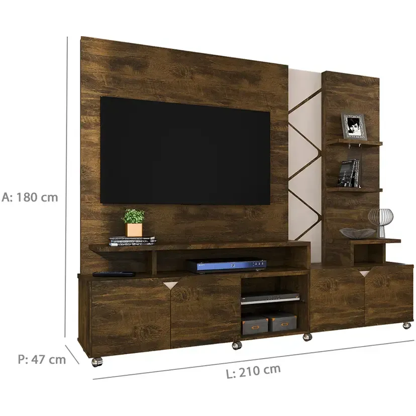 Estante Home para TV até 55" com LED Cross Lukaliam Rodízios Cromados - Canela/Off White - 2