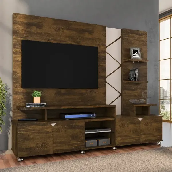 Estante Home para TV até 55" com LED Cross Lukaliam Rodízios Cromados - Canela/Off White