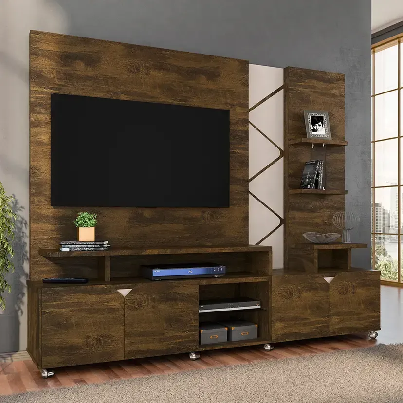 Estante Home para TV até 55" com LED Cross Lukaliam Rodízios Cromados - Canela/Off White - 1