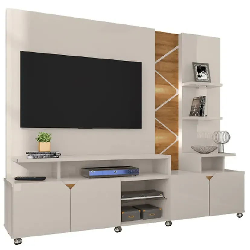 Estante Home para TV até 55" com LED Cross Lukaliam Rodízios Cromados - Off White/Amendoa - 2