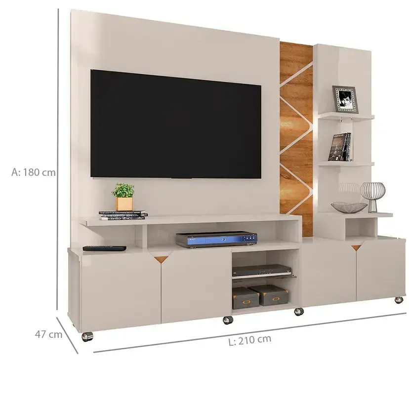 Estante Home para TV até 55" com LED Cross Lukaliam Rodízios Cromados - Off White/Amendoa - 3