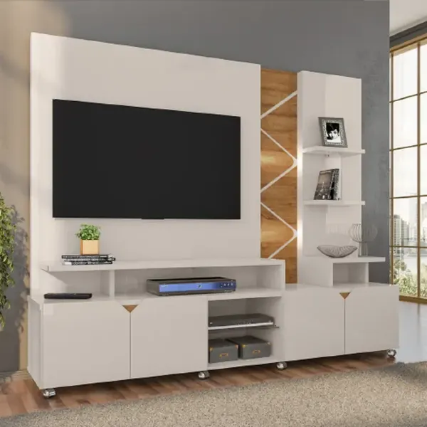 Estante Home para TV até 55" com LED Cross Lukaliam Rodízios Cromados - Off White/Amendoa