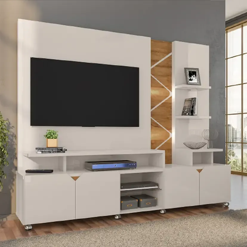 Estante Home para TV até 55" com LED Cross Lukaliam Rodízios Cromados - Off White/Amendoa - 1