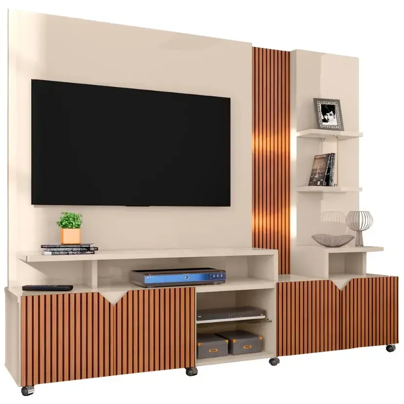 Estante Home para TV até 55" com LED Cross Lukaliam Rodízios Cromados - Off White/Tauari Ripado - 2