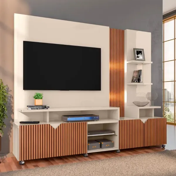 Estante Home para TV até 55" com LED Cross Lukaliam Rodízios Cromados - Off White/Tauari Ripado