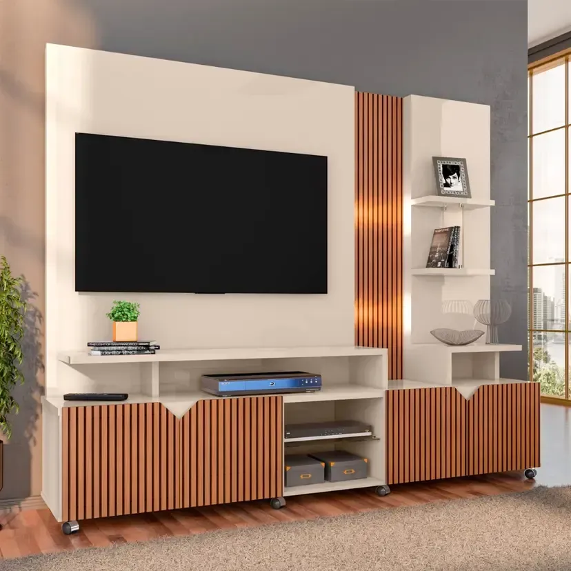 Estante Home para TV até 55" com LED Cross Lukaliam Rodízios Cromados - Off White/Tauari Ripado - 1