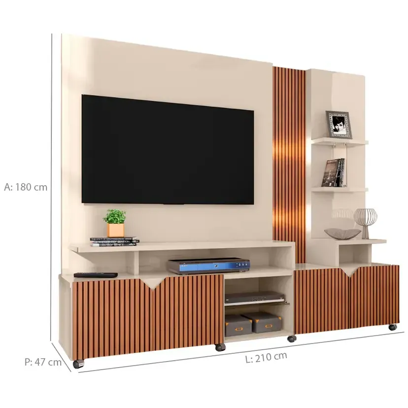 Estante Home para TV até 55" com LED Cross Lukaliam Rodízios Cromados - Off White/Tauari Ripado - 3