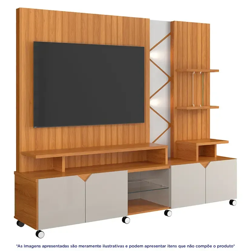 Estante Home para TV até 55" com LED Cross Lukaliam Rodízios Cromados - Off White Perolizado/ Jequitibá - 2