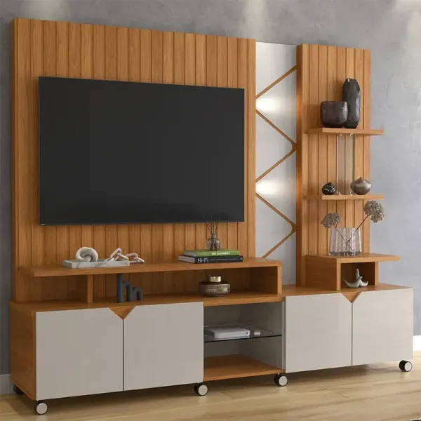 Estante Home para TV até 55" com LED Cross Lukaliam Rodízios Cromados - Off White Perolizado/ Jequitibá