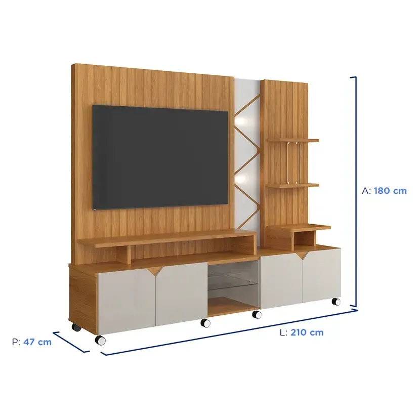 Estante Home para TV até 55" com LED Cross Lukaliam Rodízios Cromados - Off White Perolizado/ Jequitibá - 3