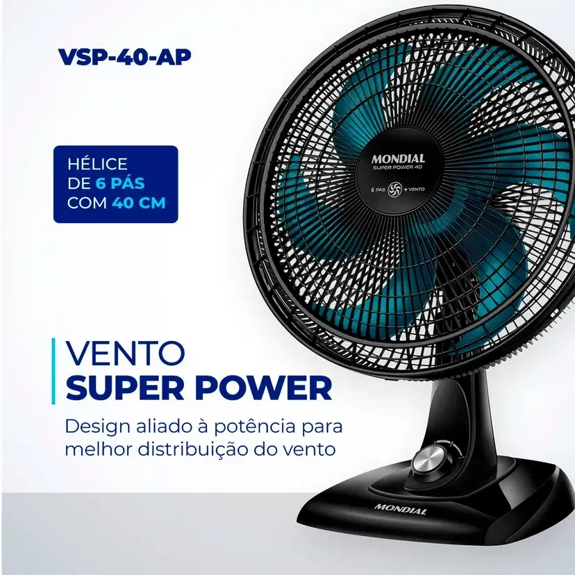 Ventilador de Mesa Mondial Super Power 40cm 6 Pás 3 Velocidades VSP-40-AP - Preto/Azul  - 2