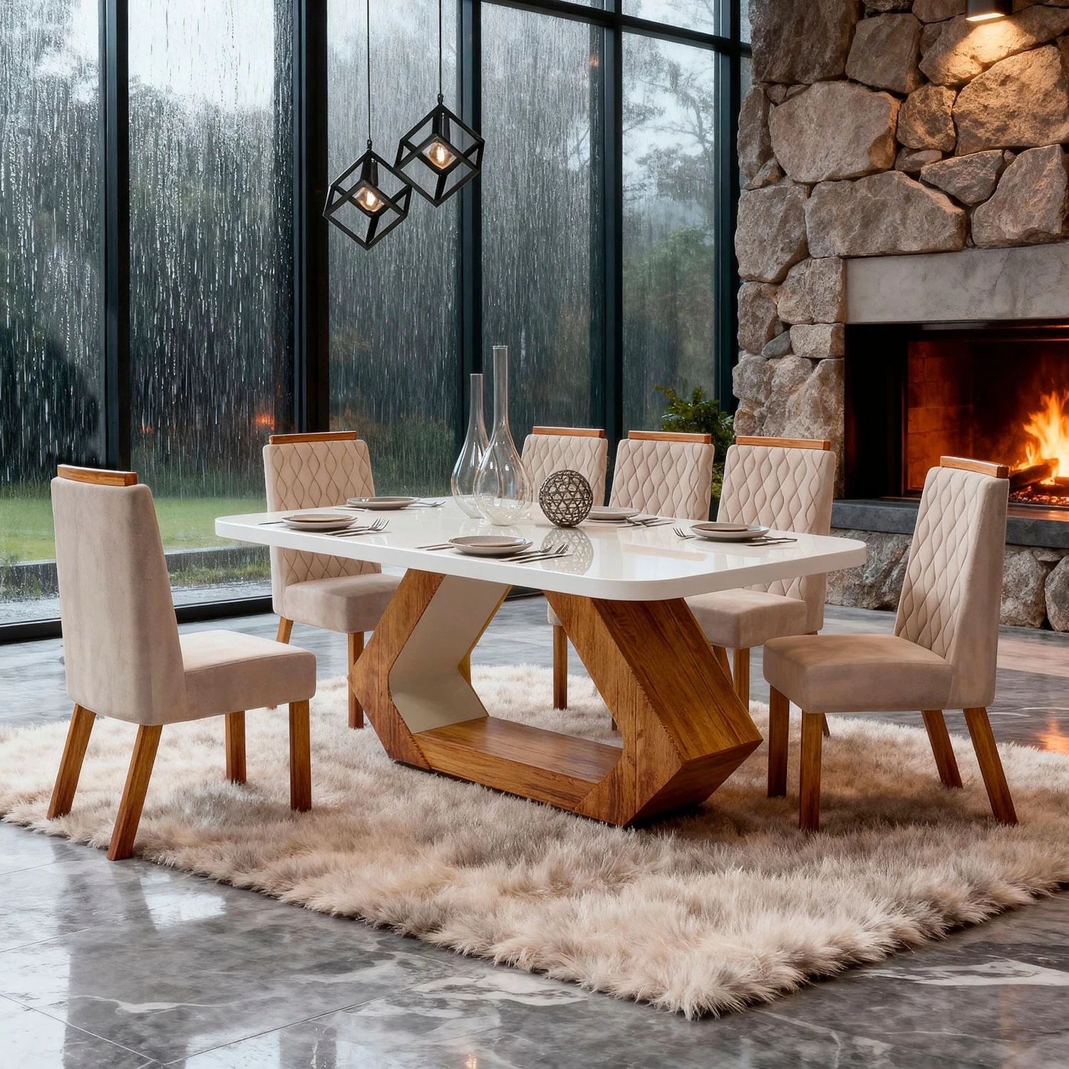 Mesa de Jantar 6 Cadeiras com Tampo de Vidro Lottus 100% MDF Naturale/Bege - Bom Pastor - 1