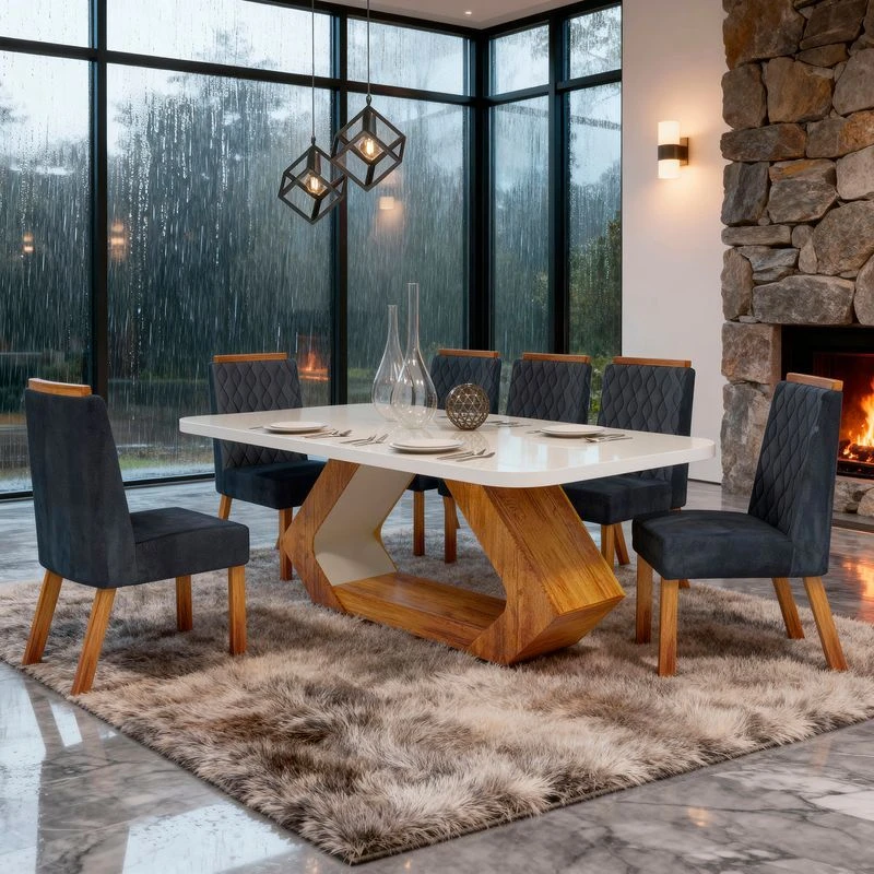 Mesa de Jantar 6 Cadeiras com Tampo de Vidro Lottus 100% MDF Naturale/Cinza - Bom Pastor - 1