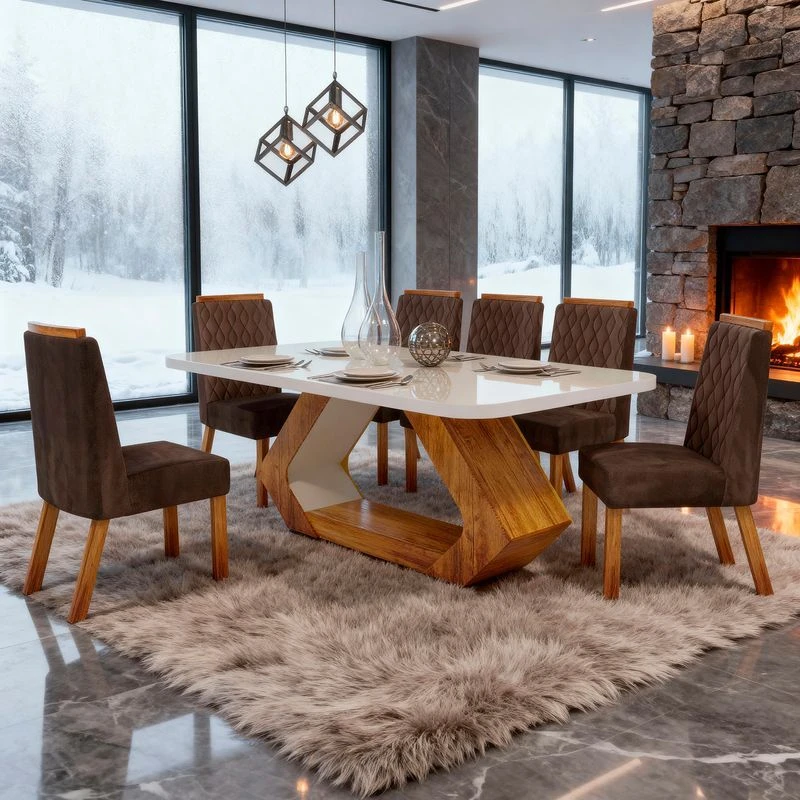 Mesa de Jantar 6 Cadeiras com Tampo de Vidro Lottus 100% MDF Naturale/Marrom - Bom Pastor - 1
