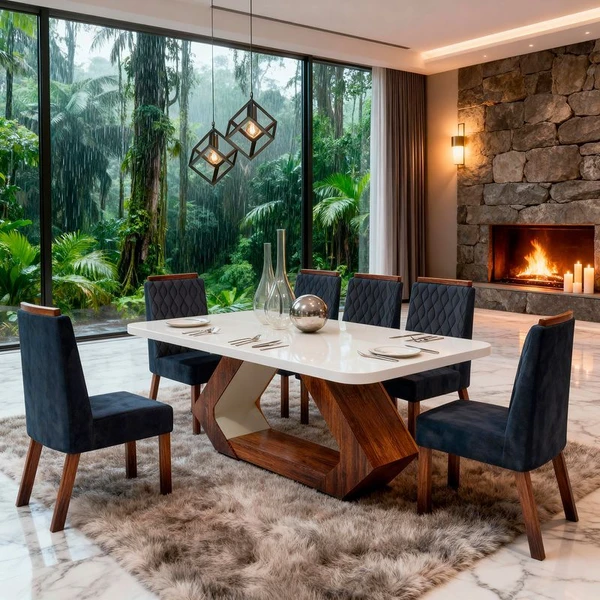 Mesa de Jantar 6 Cadeiras com Tampo de Vidro Lottus 100% MDF Amêndoa/Cinza - Bom Pastor