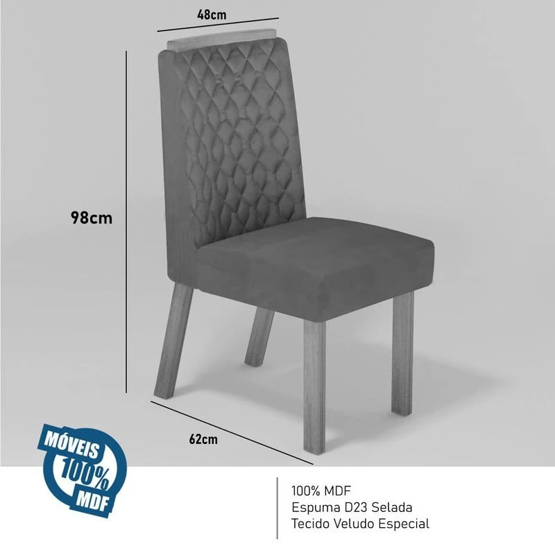 Mesa de Jantar 6 Cadeiras com Tampo de Vidro Lottus 100% MDF Amêndoa/Cinza - Bom Pastor - 3