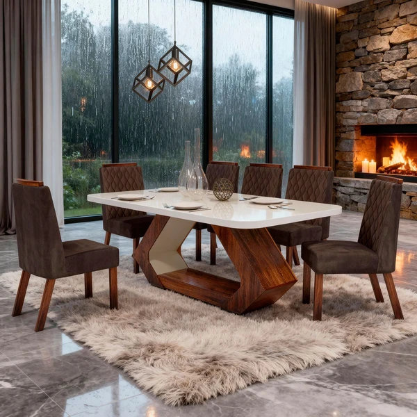 Mesa de Jantar 6 Cadeiras com Tampo de Vidro Lottus 100% MDF Amêndoa/Marrom - Bom Pastor