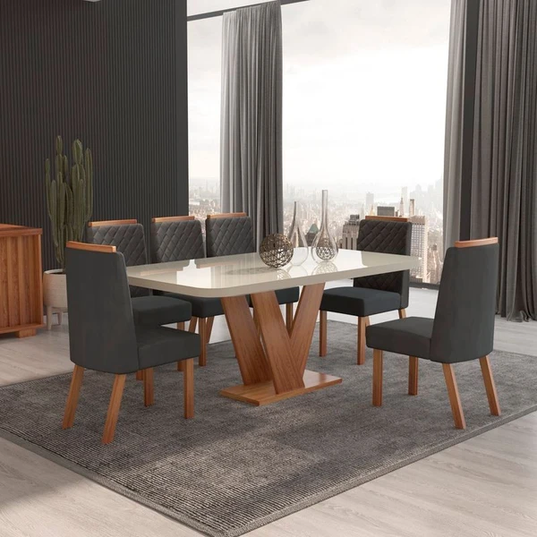 Mesa de Jantar 6 Cadeiras Aurora com Tampo de Vidro 100% MDF Naturale/Cinza - Bom Pastor 