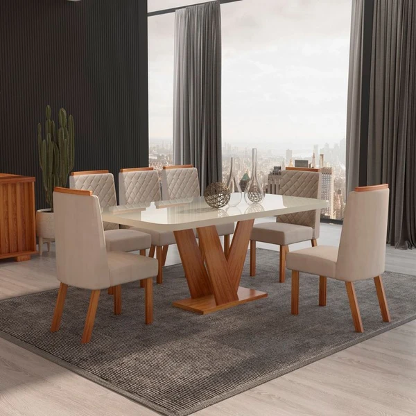 Mesa de Jantar 6 Cadeiras Aurora com Tampo de Vidro 100% MDF Naturale/Bege - Bom Pastor 